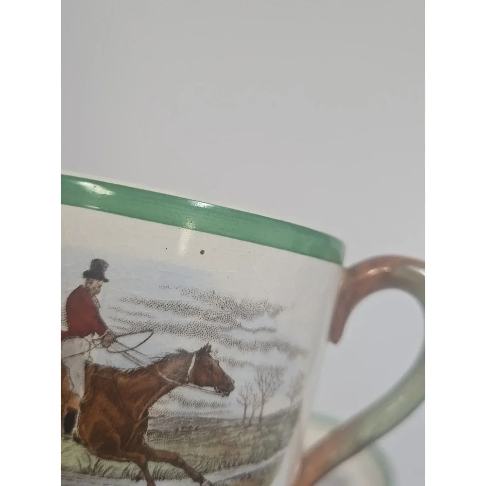 Copeland Spode England Herring Hunt Green #1 Footed Demitasse‎ Cup and #1 Saucer